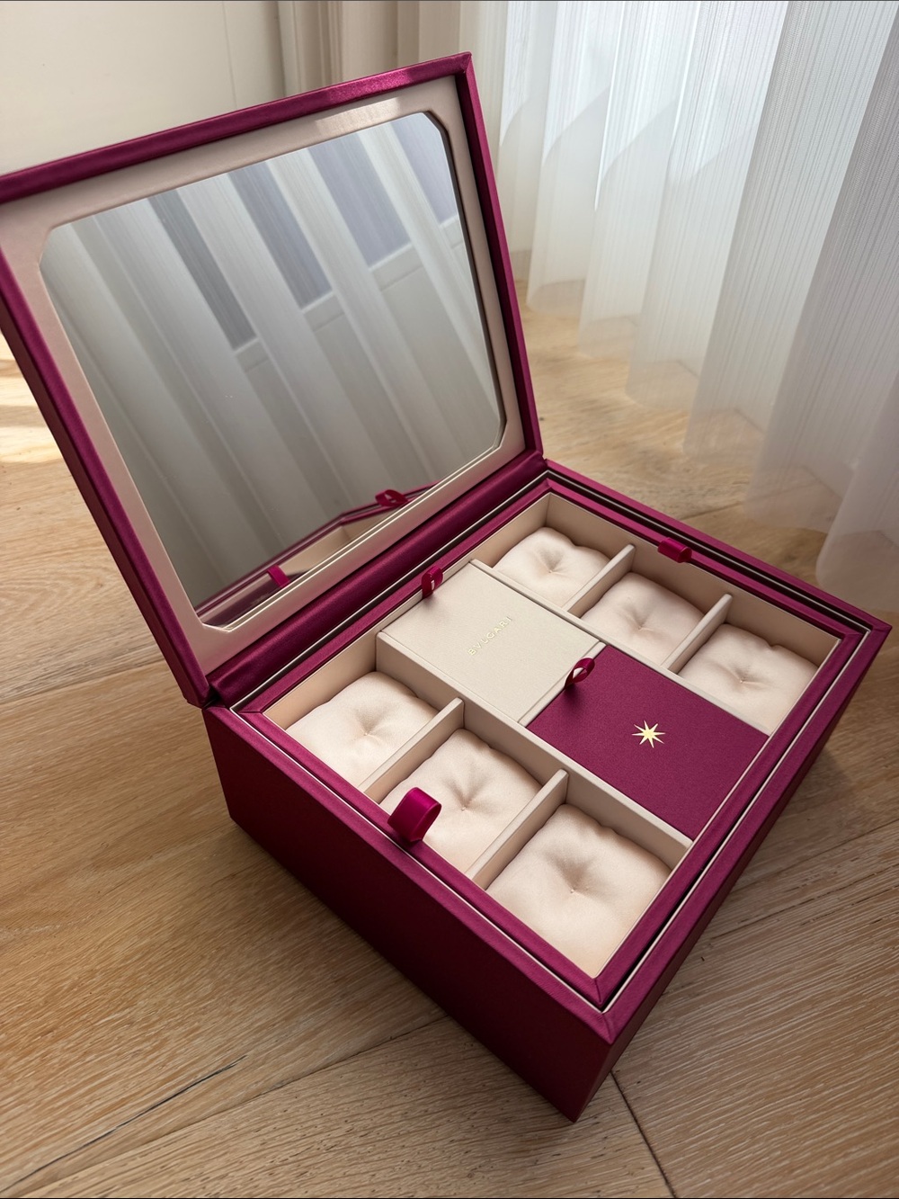 Bulgari Magenta Jewelry Organizer with Cream Interior and Mirror